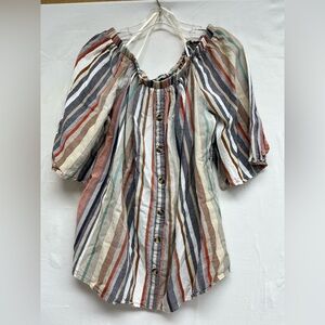 Boho “Speed Limit” Striped Button-Front Off-Shoulder Peasant Top  70’s vibe